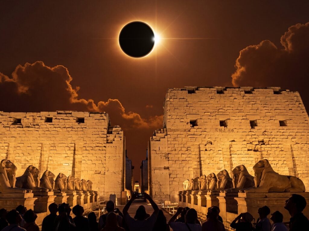 Total solar eclipse high over Karnak Temple in Luxor, with travellers looking up
