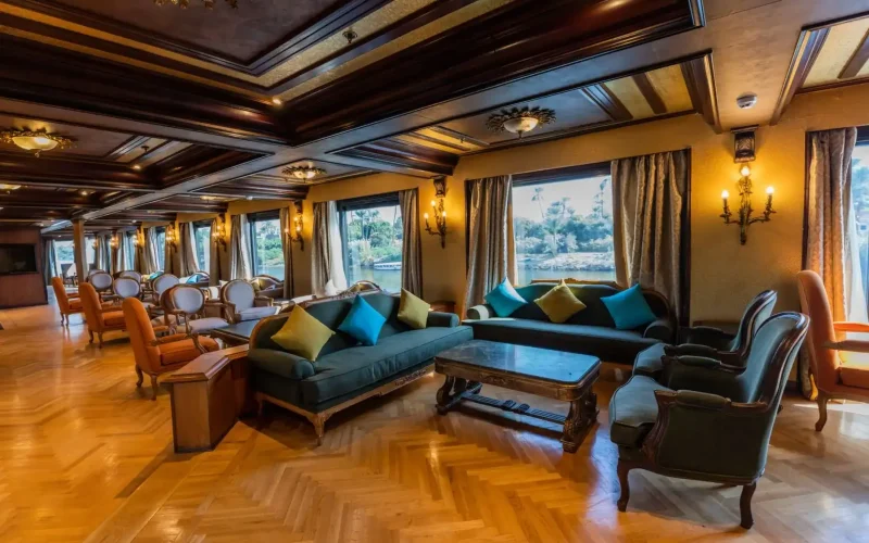 Sophisticated lounge bar with panoramic windows and parquet flooring