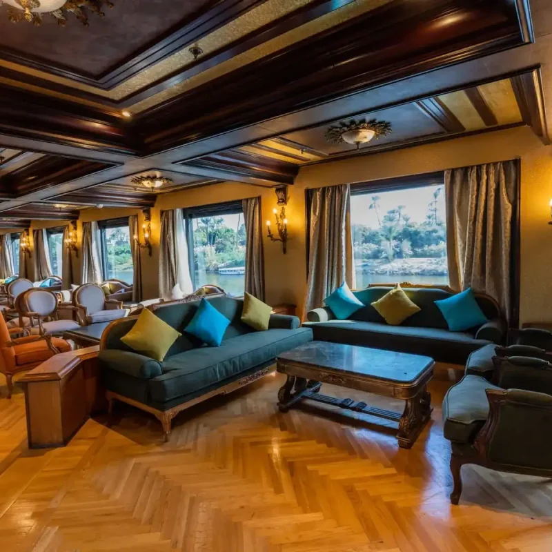 Classy cruise ship lounge with parquet flooring, comfortable seating, panoramic windows, and sophisticated décor