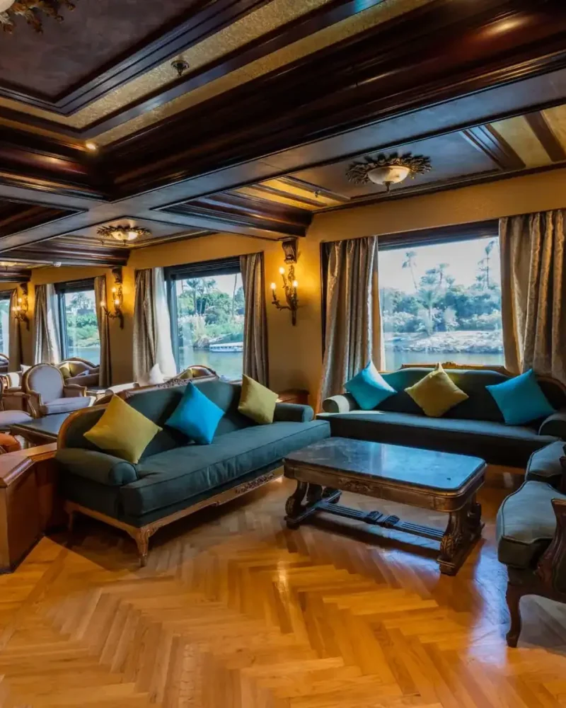 Sophisticated lounge bar with panoramic windows and parquet flooring