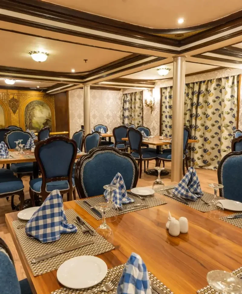 Elegant dining room with blue chairs and formal table settings