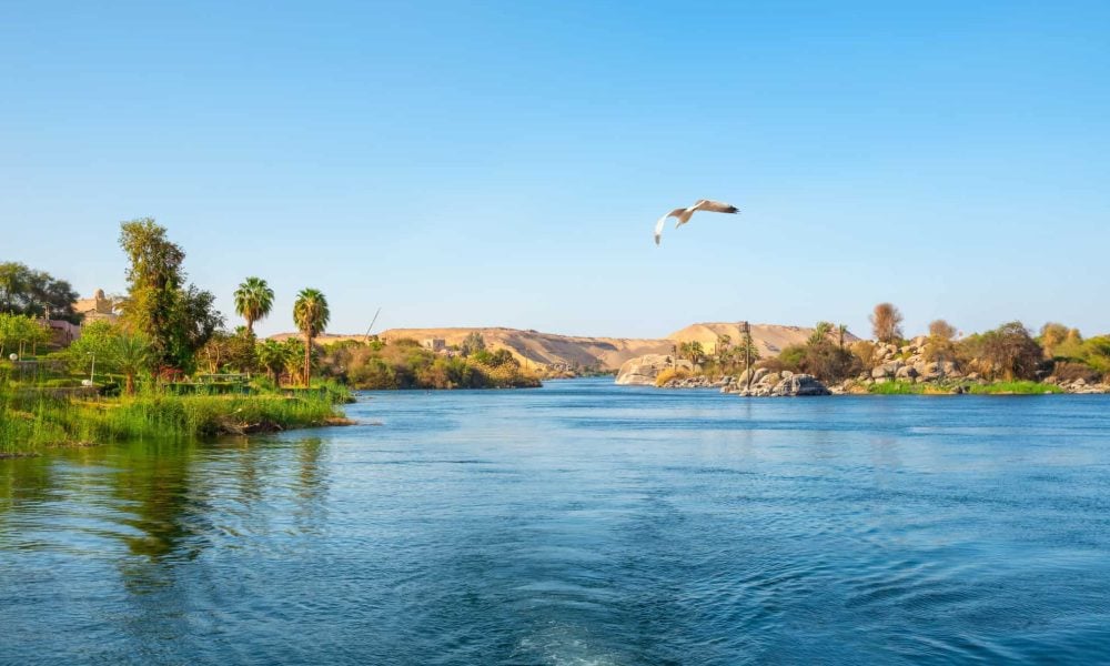 Panorama river Nile and boats at sunset in Aswan